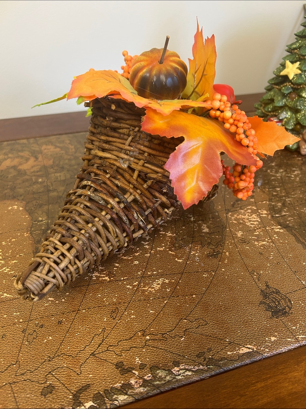 Wicker Cornucopia Fall Harvest Decor Faux Pumpkin Berries & Leaves
